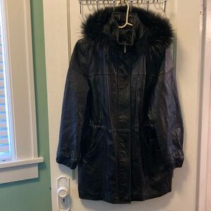 JLO -Jennifer Lopez Leather Coat with Raccoon Fur Trim Hood